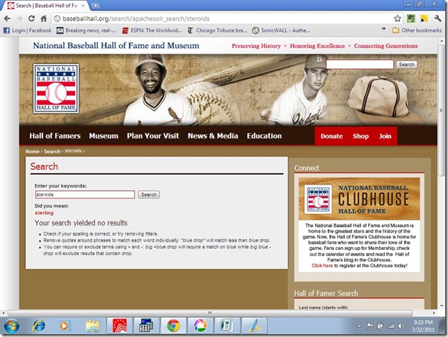 steroids at baseball HoF site